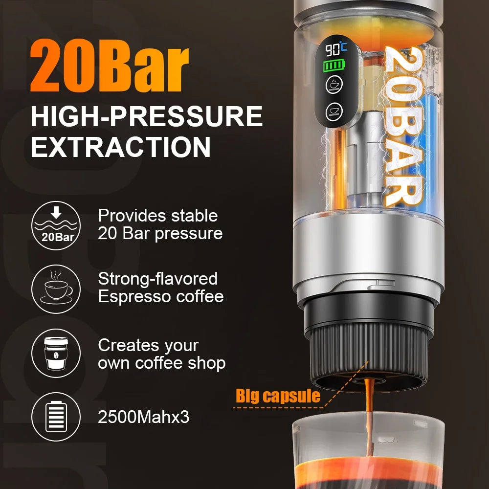 DENOKIN 3-in-1 Portable Espresso Coffee Machine With Digital Display Removable Battery for Car & Home Camping Coffee Maker