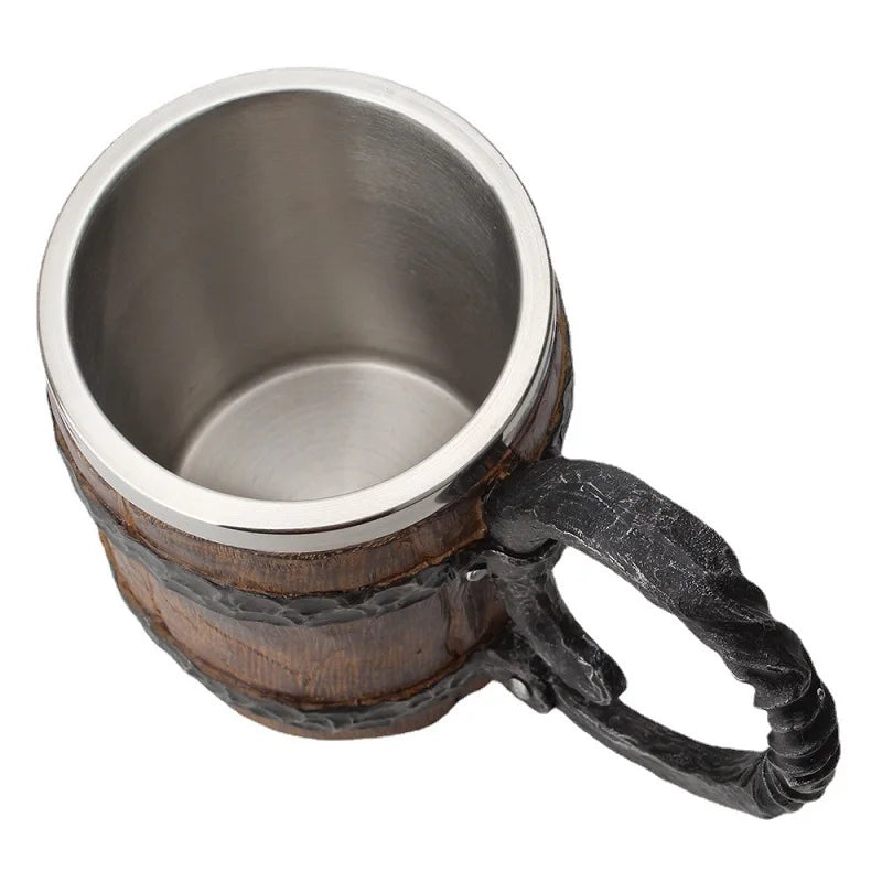 600ml Viking Wood Style Insulated Beer Mug Double Wall Metal Drinking Cup Simulation Wooden Barrel Design Gift