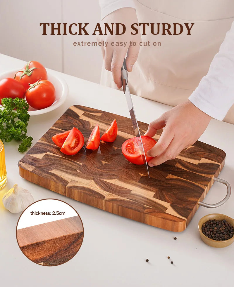 End Grain Butcher Block Premium Acacia Wood Cutting Board Chopping Board for Kitchen with Handle