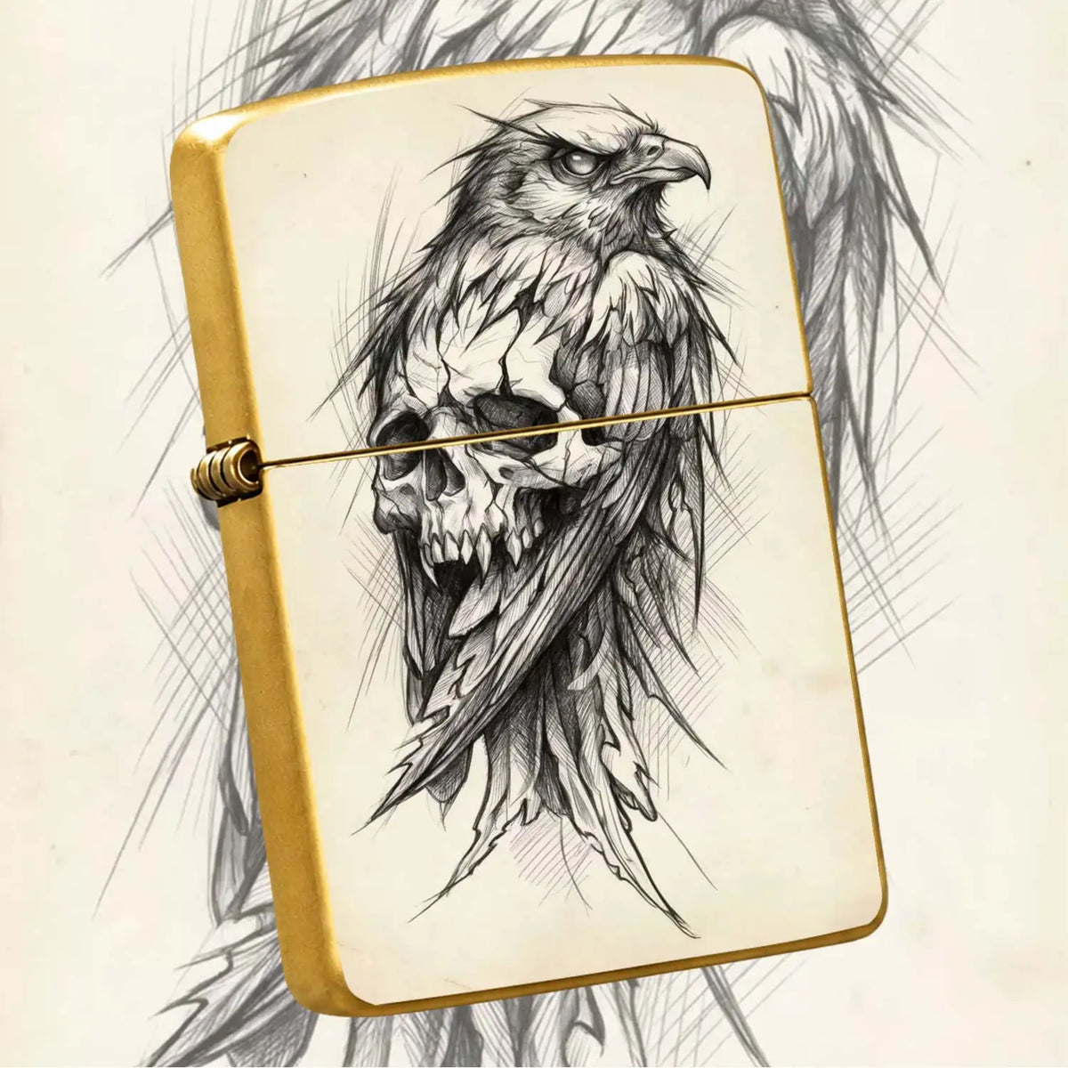 Dark Style Hawk Skull Sketch Portable Lighter, Retro Artistic Decor Carry-On Ignition Tool, Suitable For Daily Travel Outdoor Trips Multiple Scenarios, Trendy Aesthetic Practical Gift Item With Unique Hand-Drawn Texture A Hum