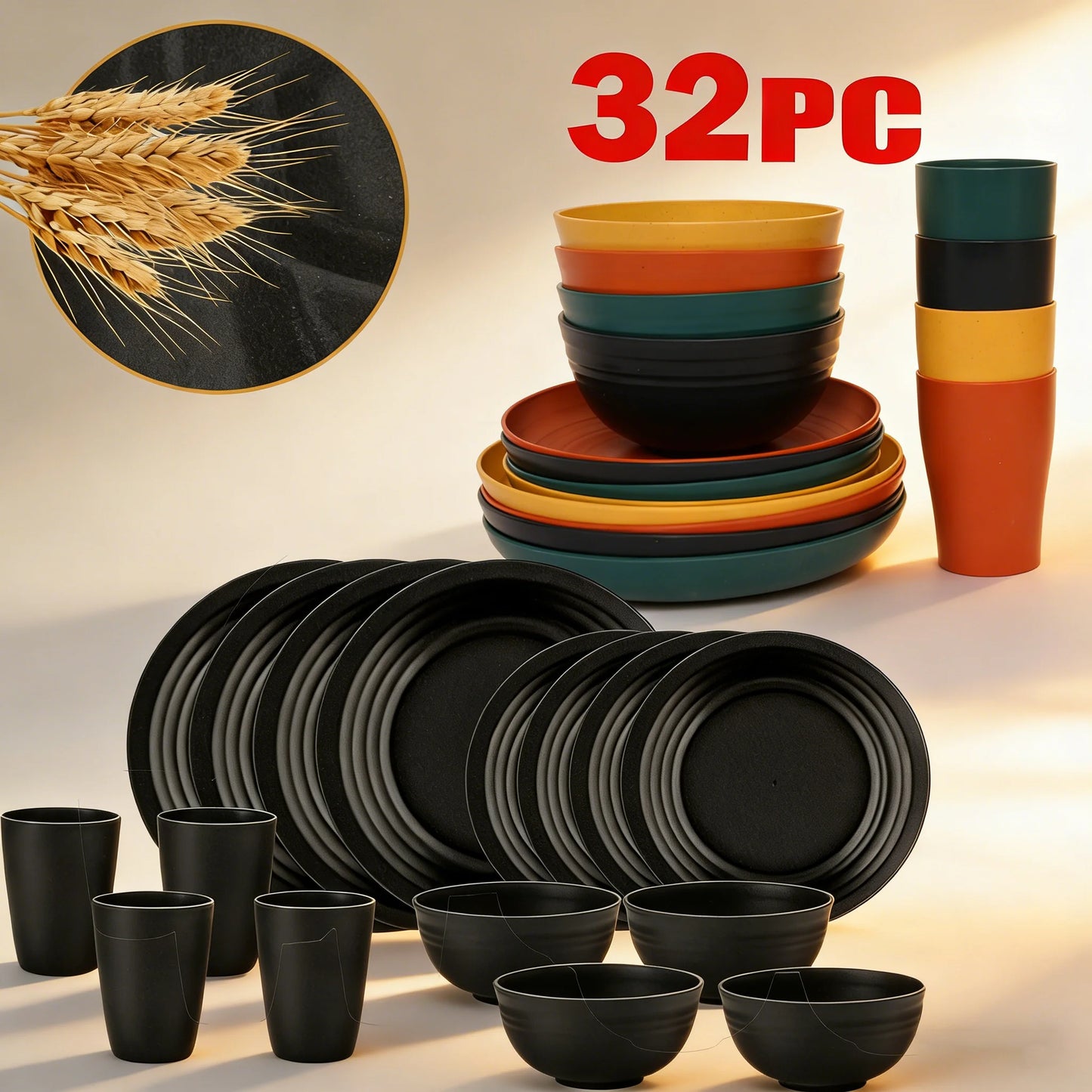 32-Piece Wheat Straw Dinnerware Set | Service for 8 | BPA-Free, Unbreakable, Microwave & Dishwasher Safe | Colorful Plates, Bowl