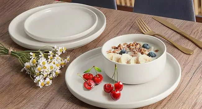 Stoneware Dinnerware Sets, 12-Piece Plates and Bowls Set for 4, Dishes Set for Home Restaurant, Speckled Milky White