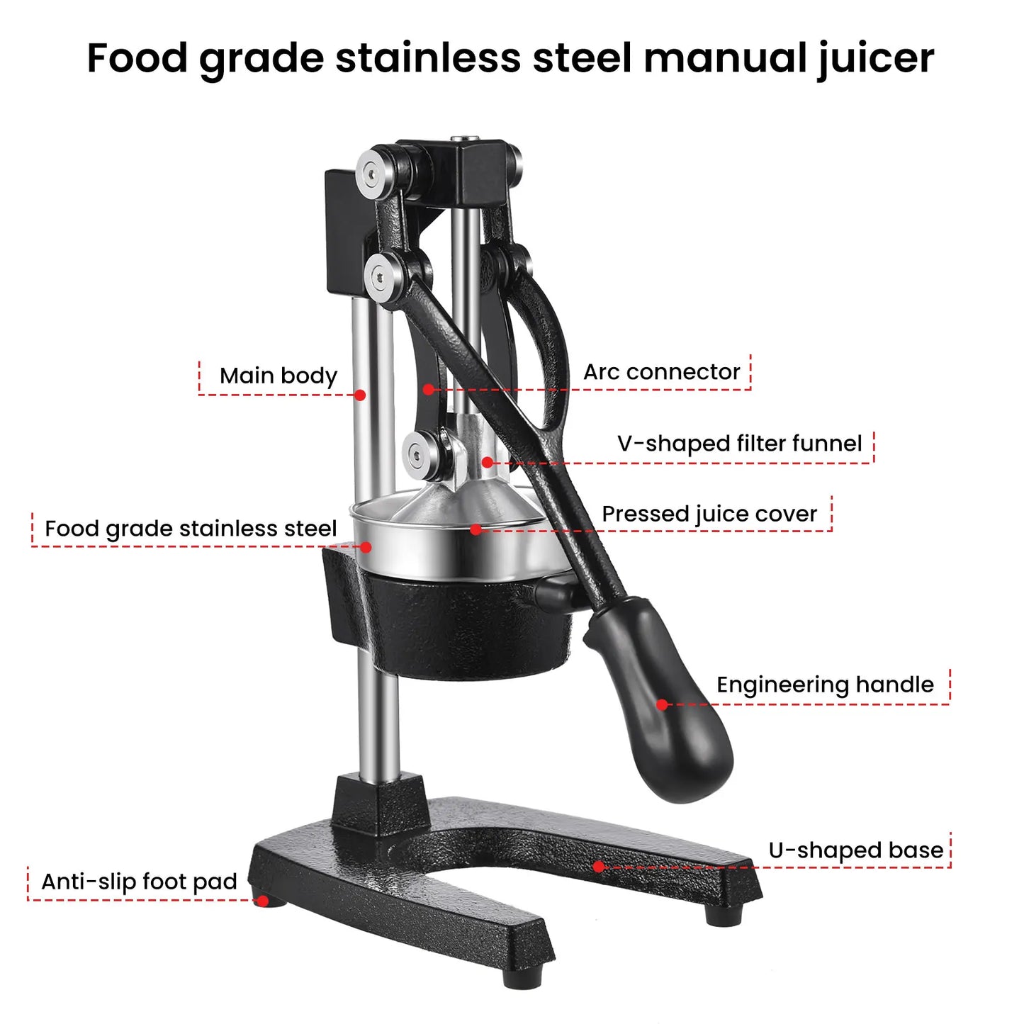 Lightweight stainless steel manual citrus juicer, commercial hand-operated fruit juicer, non-electric portable juicer, suitable for oranges, lemons, pomegranates and other fruits, ideal for home kitchens, bars and restaurants