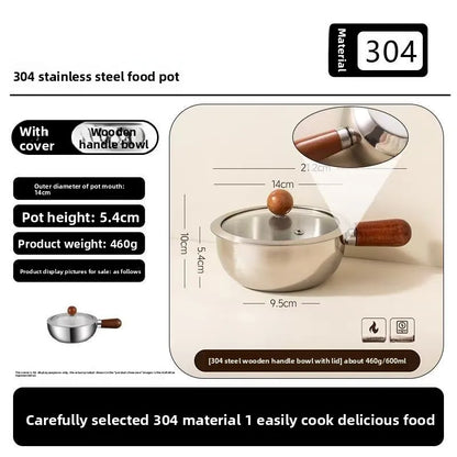 14cm Mini Pot for Camping Dorm Kitchen Stainless Steel Saucepan with Wood Handle, Portable Cookware New