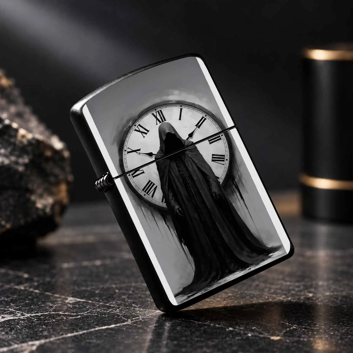 Portable Ignition Accessory With Dark Gothic Faceless Time Keeper Print, Retro Roman Numeral Clock Themed Unique Decor, Stylish Practical Collectible Gift For Daily Use, Gatherings And Creative Display For Art Lovers A Humoro