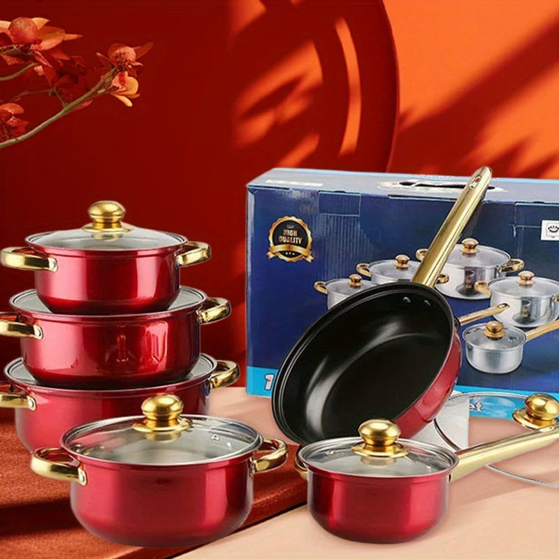 us12pcs Red Pot Set, Stainless Steel, Non-Stick Pan, Kitchen Cookware Set, Non-Stick Cooking Set, A Variety of Pots to Meet All Kitchen Needs, The Most Beautiful And Practical Gift for Mothersd