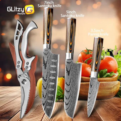 Kitchen Knife Set Professional Chef Knife 7CR17 Germany Stainless Steel Damascus Laser Meat Cleaver Slicing Santoku Cutter Tools