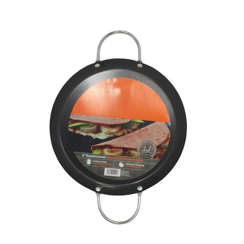 9in Carbon Steel Nonstick Round Comal with Metal Handles, Black
