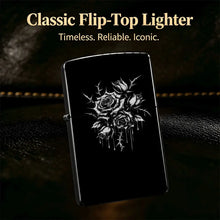 Pocket Lighter, Flip-Top Windproof Design, Metal Case with Black & White Rose Print Art, Comfortable Grip, Adjustable Flame, Portable & Durable - Ideal Gift for Smokers