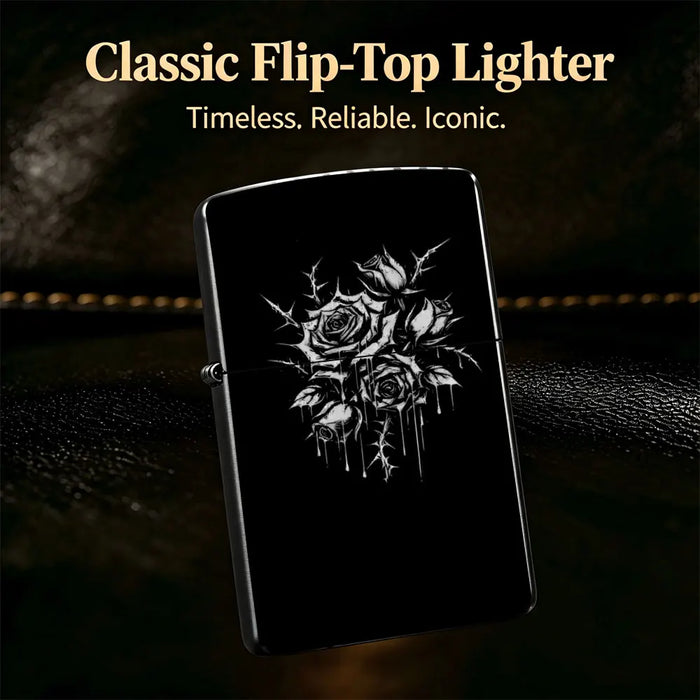 Pocket Lighter, Flip-Top Windproof Design, Metal Case with Black & White Rose Print Art, Comfortable Grip, Adjustable Flame, Portable & Durable - Ideal Gift for Smokers