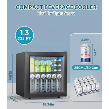 Beverage refrigerator for home dorm bar use, black glass-door mini fridge with adjustable digital temperature control, holds 50