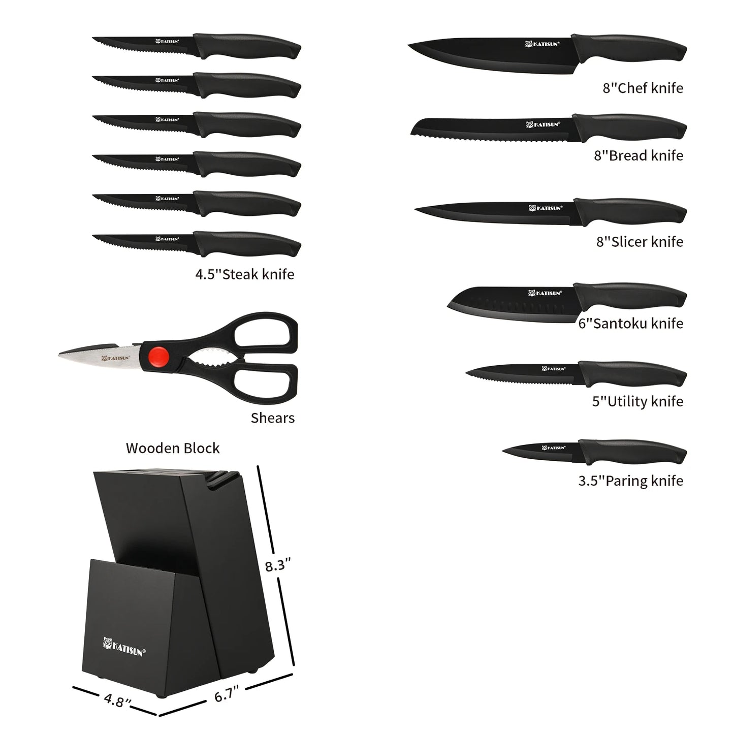 Katisun 15 Pieces Kitchen Knife Set with Block Cutting Board Sharpener German Steel Anti-Slip Handle 6 Steak Knives Black