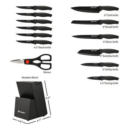 Katisun 15 Pieces Kitchen Knife Set with Block Cutting Board Sharpener German Steel Anti-Slip Handle 6 Steak Knives Black