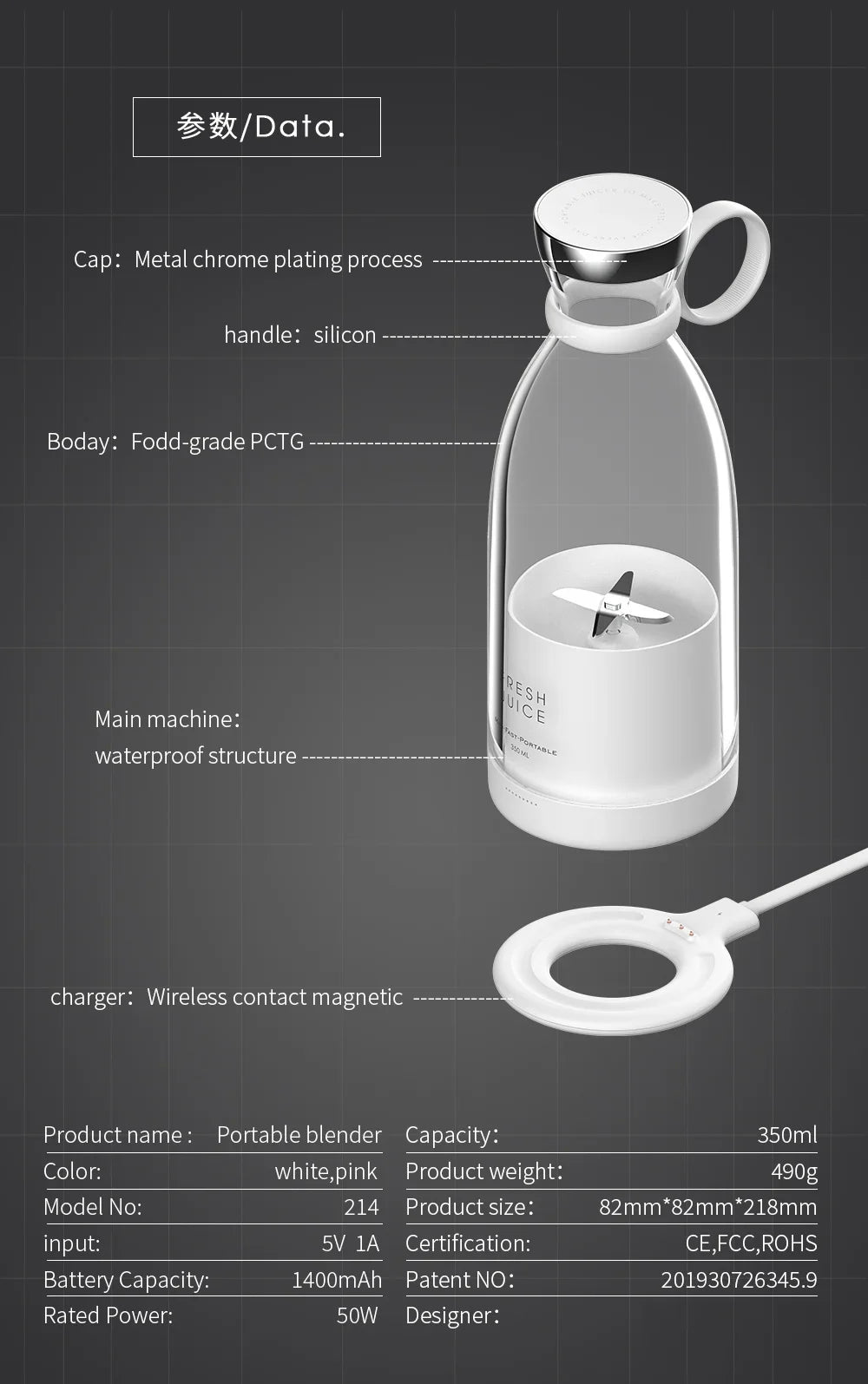 Portable Mini Blender Electric Juicer Fruit Smoothies Mixer Usb Magnetic Charging Multifunctional Juice Maker Machine Blender