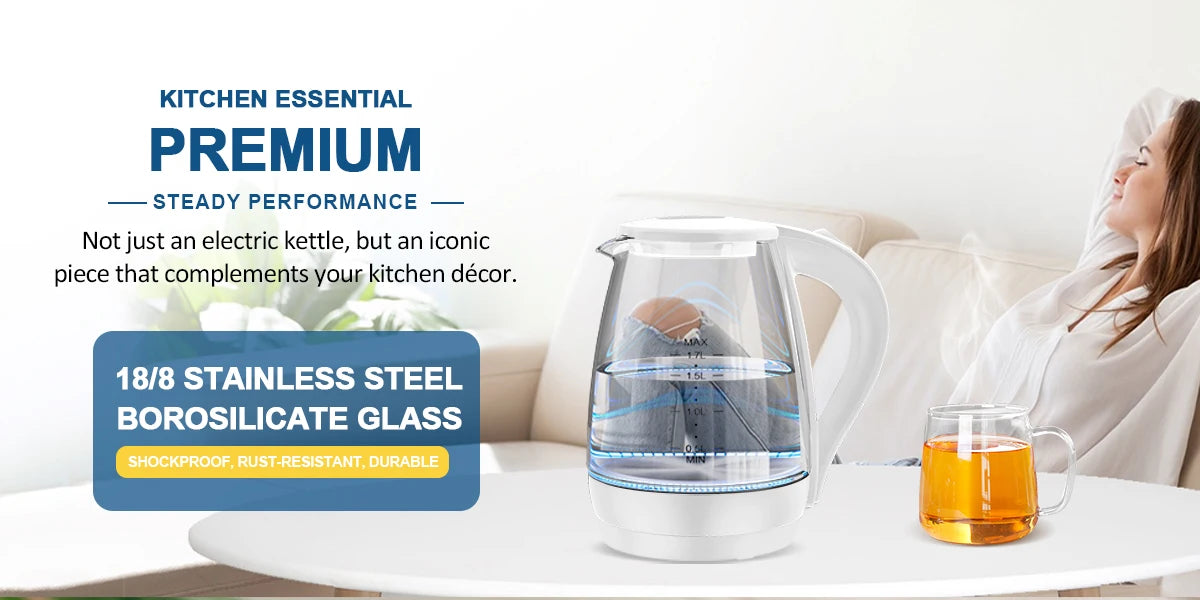 Electric Kettle with Water Dispenser - 1.7L Elegant Glass Tea Pot, 1200W Fast Boiling, LED Indicator, Auto-Shutoff