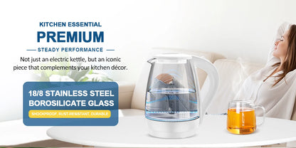 Electric Kettle with Water Dispenser - 1.7L Elegant Glass Tea Pot, 1200W Fast Boiling, LED Indicator, Auto-Shutoff