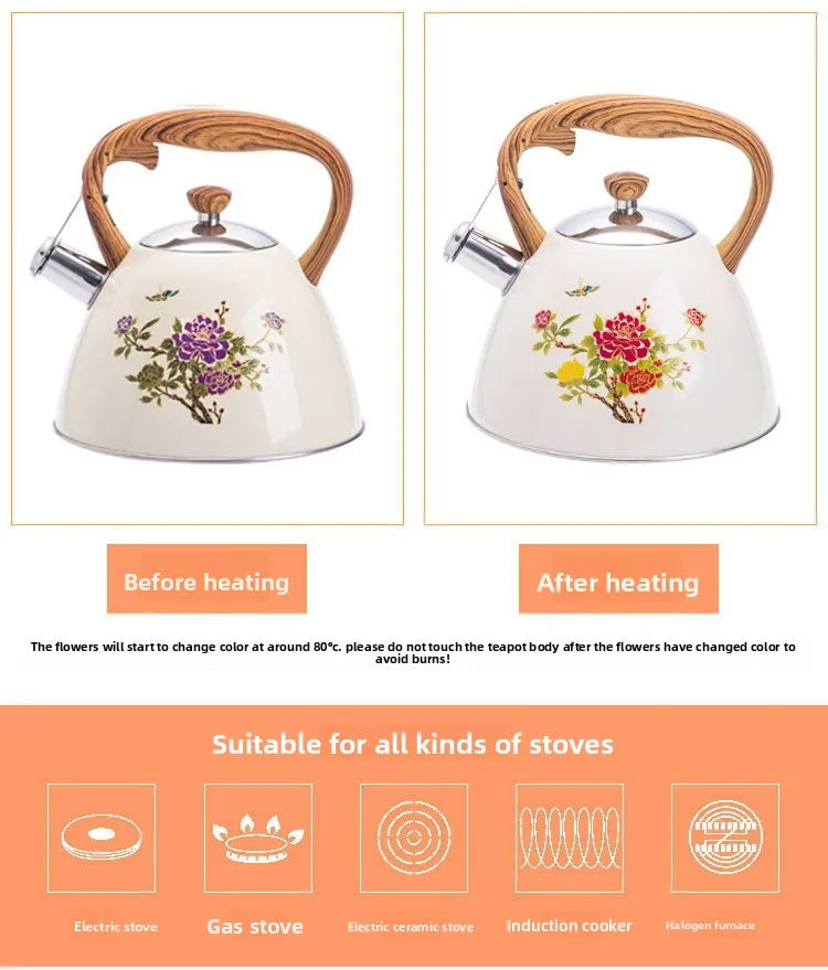 3L Color-Changing Flower Whistling Kettle, Stainless Steel Visual Alert When Water Boils, for Induction & Gas