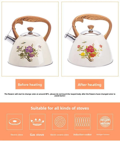 3L Color-Changing Flower Whistling Kettle, Stainless Steel Visual Alert When Water Boils, for Induction & Gas