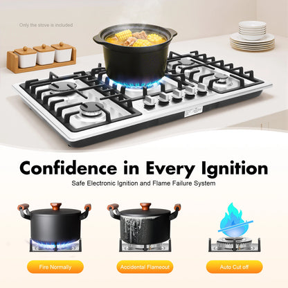 5-Burner Natural Gas Cooktop Drop-In Fierce Fire Kitchen Gas Stove with Flame Failure Protection Stainless Steel Gas Stove