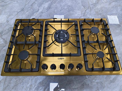 Kitchen Gas Cooking  Appliance 33 Inch Golden Stainless Steel  5 Eyes Gas Stove Built in Gas Cooker Countertop
