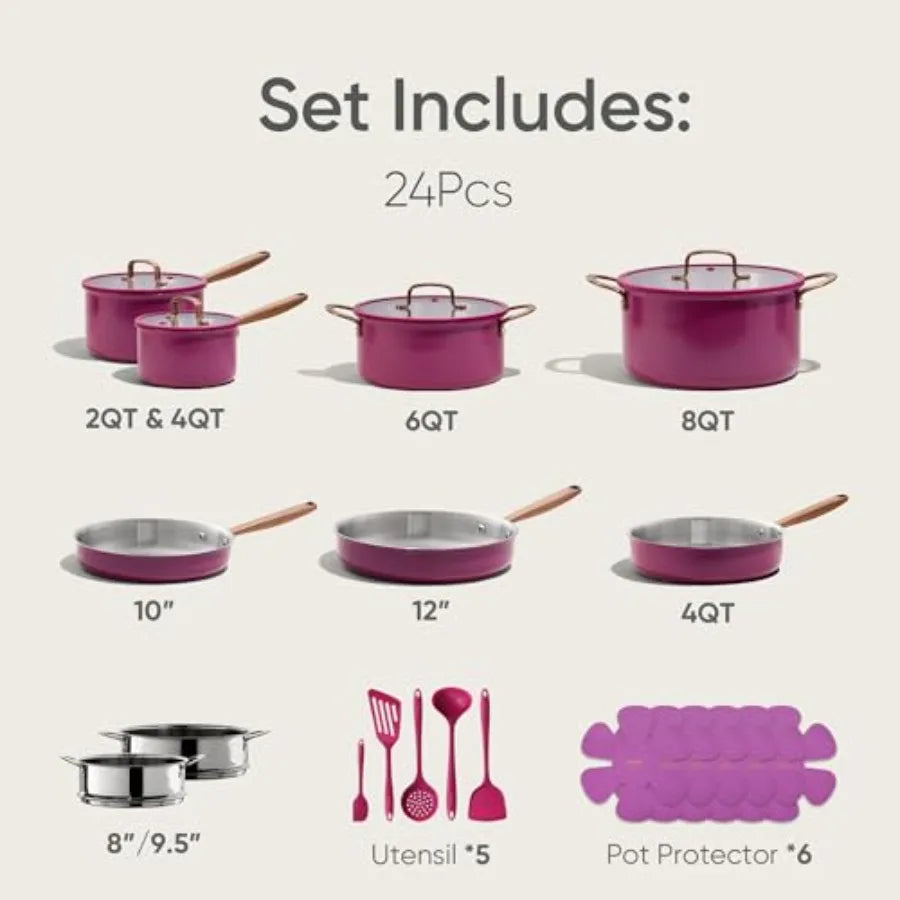 24pcs Tri-Ply Stainless Steel Cookware Set Pots and Pans for Induction Cooking Non-Toxic Outer Ceramic Layer Violet Purple