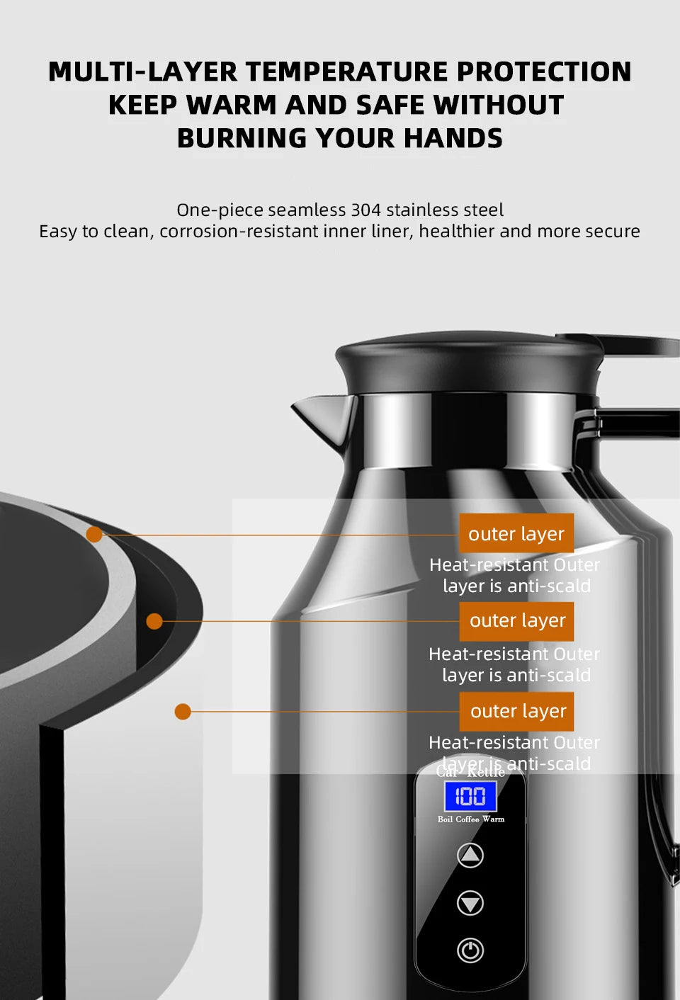 12V 24V Portable Car Hot Kettle 1200mL/1500mL Large Capacity 304 Stainless Steel Thermos Water Bottle Travel For Tea Coffee