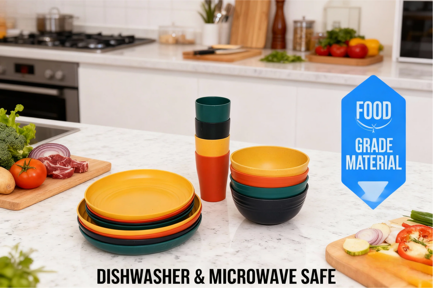 16 PCS Wheat Straw Dinnerware Set, Unbreakable Plates Bowls Cups for 4, Lightweight Microwave & Dishwasher Safe Tableware