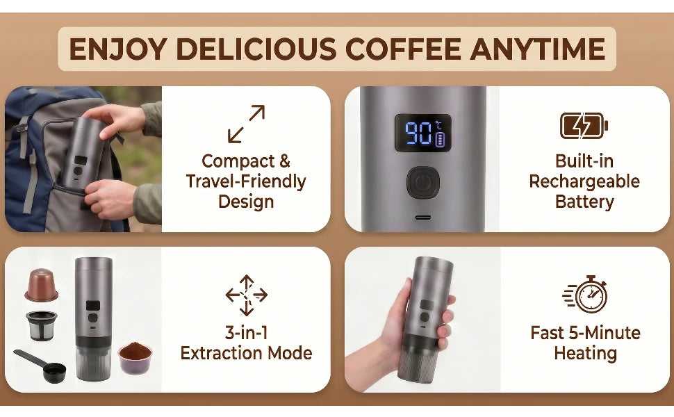2026 New Upgrade 3 In 1 Portable Coffee Maker, Rechargeable, Fast Heating | 2600mAh Capacity Battery, Long Lasting, Compatible