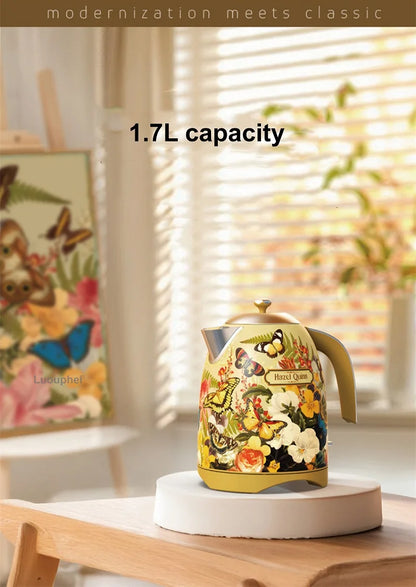 1700ml Retro Printed Electric Kettle Household 304 Stainless Steel Boil Kettle Automatic Power Off Teapot Kitchen Tool 1850W