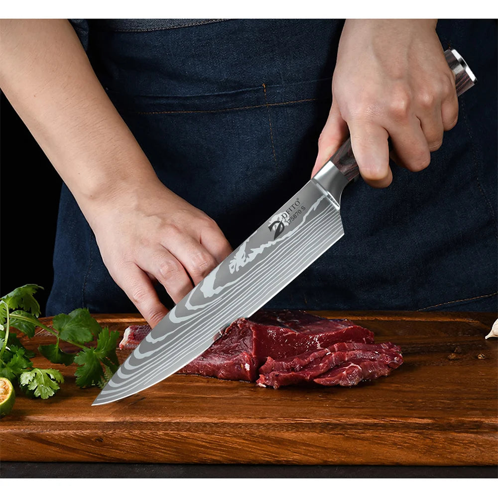 MDHAND 8pcs Kitchen Knife Damascus Stainless Steel Chef Knife Utility Paring Boning Cleaver Slicing Santoku Knives Nylon Bag
