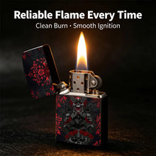 Pocket Lighter, Skull & Rose Print Metal Case, Flip-Top Windproof Design, Comfortable Grip, Refillable, Cool Gift for Men