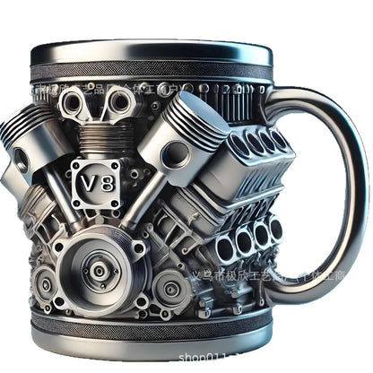 V8 Engine Coffee Mug, V6 Resin 3D Metal Cup, Creative Car Engine Model Decorative Mug