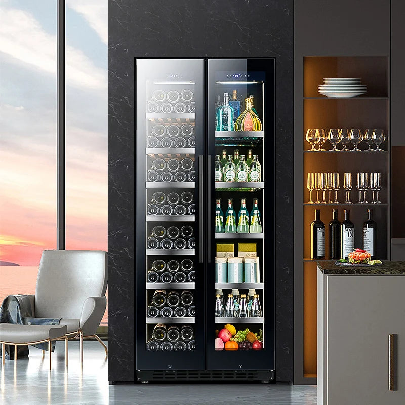 Home Kitchen Wine and Beverage Refrigerator Double Door Cooler Dual Zone Temperature 16 Shelves