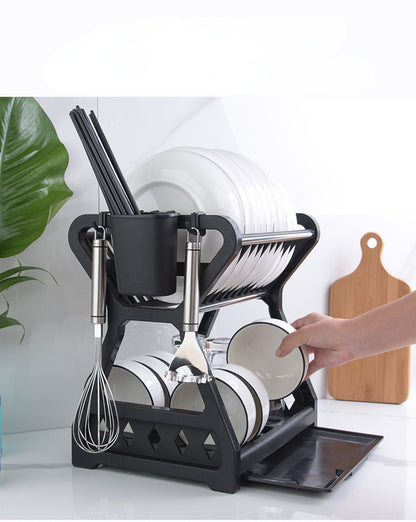 Dish Drainer Dish Drying Rack Kitchen Storage Double Layer Dish Drainer Shelf Knife Fork Container Holder Cutting Board Stand