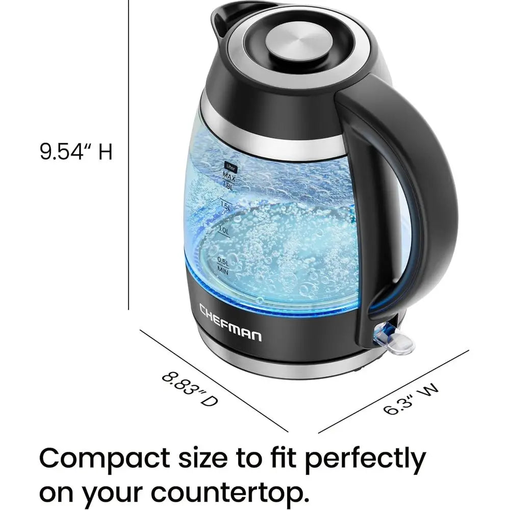 1.8L 1500W Stainless Steel Electric Kettle with Removable Lid, Auto-Off, Boil-Dry Protection, BPA-Free Filter, Borosilicate Glas