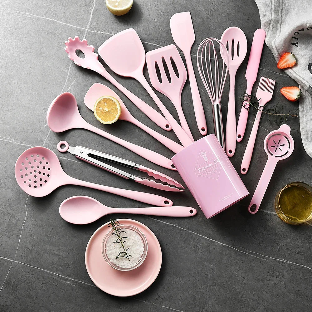 15Pcs Khaki Food Grade Silicone Kitchen Cookware Utensils Turner Spatula Soup Spoon Practical Cooking Tool Kitchenware Set