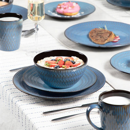 16Piece Blue Embossed Stoneware Tableware Set with Dinner/Dessert Plate/Soup Bowl/Mug Service for 4 Ceramic Tableware Set