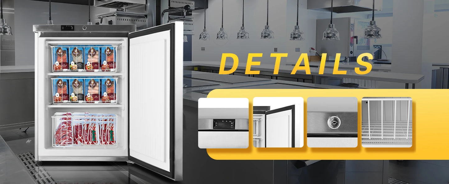 HCK Freezer, Undercounter Refrigerator with Stainless Steel Body, Electronic Temperature Control, Lockable Door, 3 Movable Baske