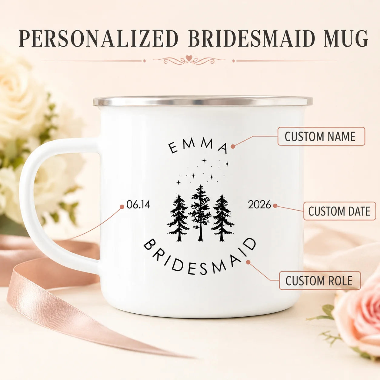 Personalized Bridesmaid Enamel Camping Mug Custom Name Date Bridal Party Coffee Cup Maid of Honor Gift Wedding Campfire Cups