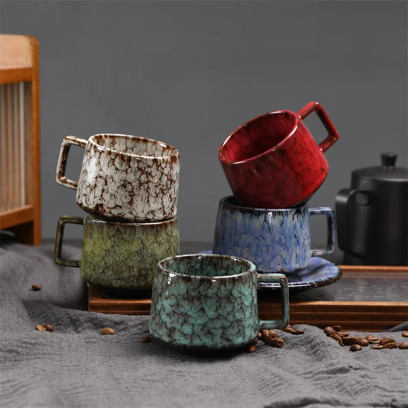Traditional Arabic Coffee Cup and Dish Set Middle Eastern Style Kiln Transformed Coarse Ceramic Retro Handmade Mug