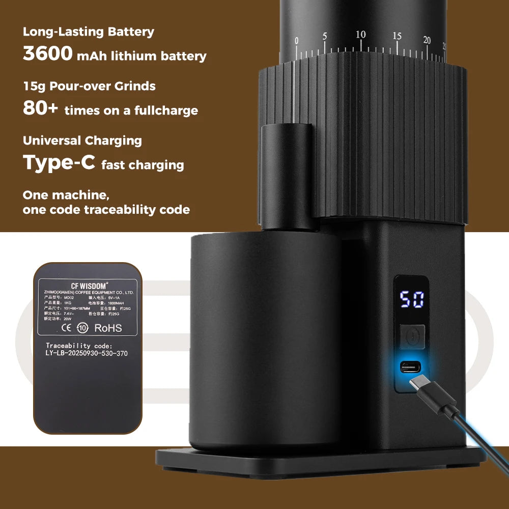 Portable USB Rechargeable Electric Coffee Grinder Adjustable Coffee Bean Grinder for Travel Home Office