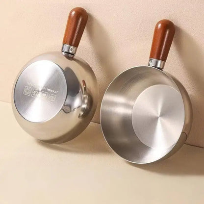 ♥Stainless Steel Saucepan with Wooden Handle - Single-Size Cookware for Boiling/Sauces, Induction & Gas Stove Compatible Pan