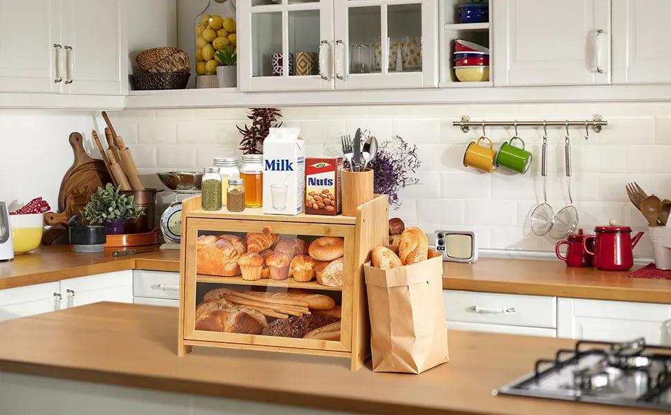 Bamboo Bread Box for Kitchen Countertop(Natural), Double Layer with Window,  Farmhouse Style Large Capacity Storage Container