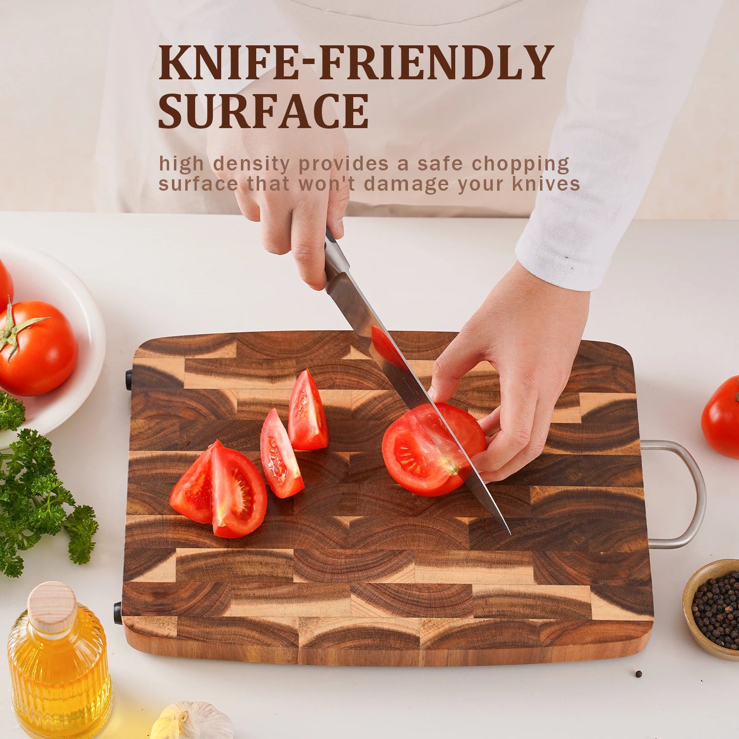 End Grain Butcher Block Premium Acacia Wood Cutting Board Chopping Board for Kitchen with Handle