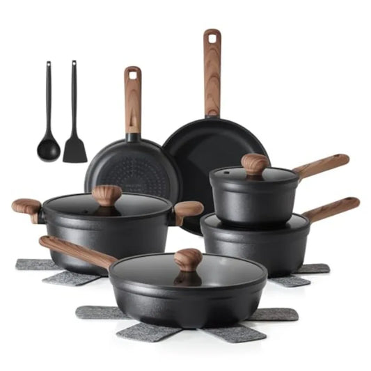 Nonstick Pots and Pans Set 17pcs Healthy Induction Cookware Set Kitchen Cooking Set with Skillets Saucepans Stay-cool Handles D