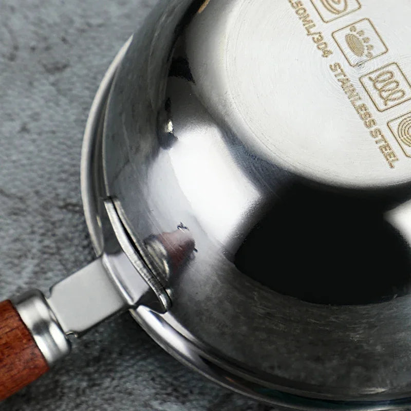 Mini Oil Pouring Pot with Wooden Handle 304 Stainless Steel Milk Pan Kitchen Butter Baking Measuring Pots for Household Cooking