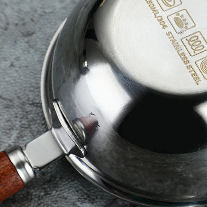 Mini Oil Pouring Pot with Wooden Handle 304 Stainless Steel Milk Pan Kitchen Butter Baking Measuring Pots for Household Cooking