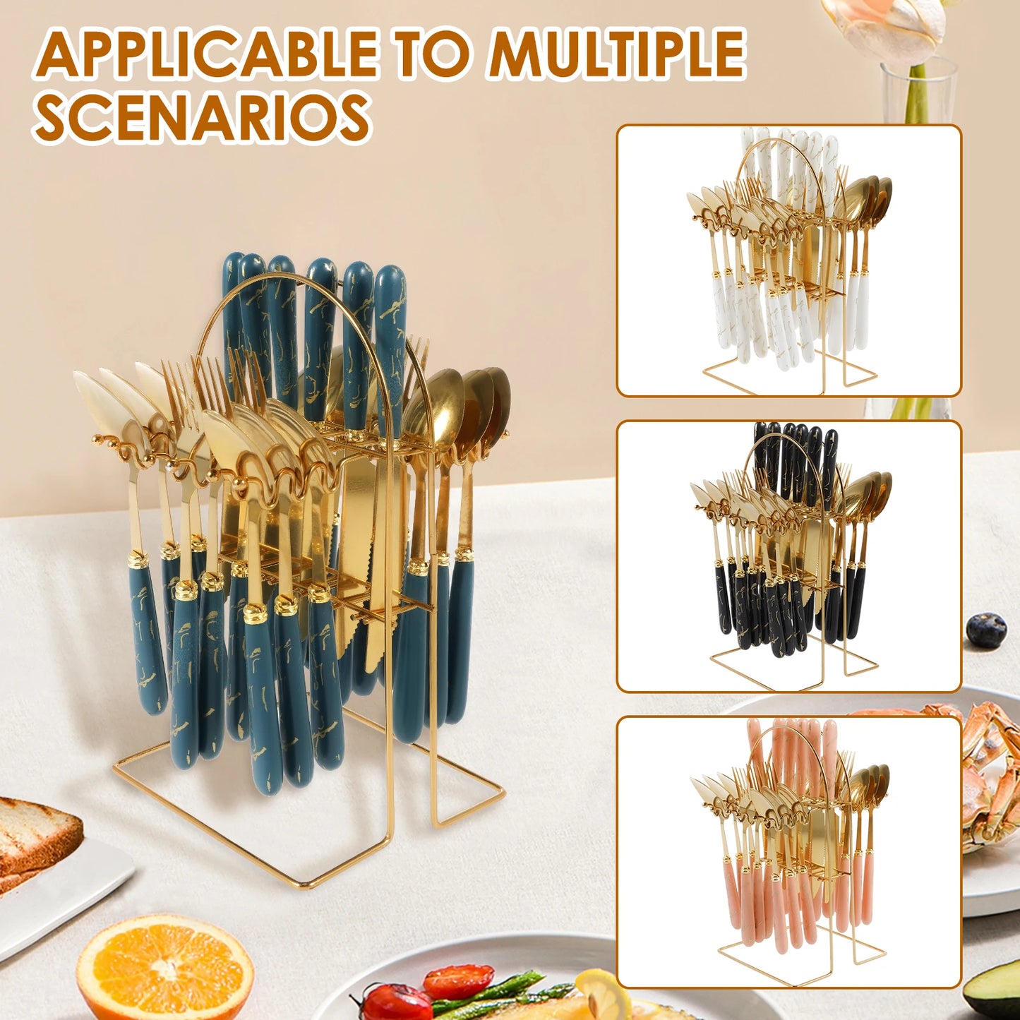 24Pcs Tableware Set with Holder Stainless Steel Cutlery Set Service for 6 Utensils Set Mirror Polished Forks Knives Spoon Set