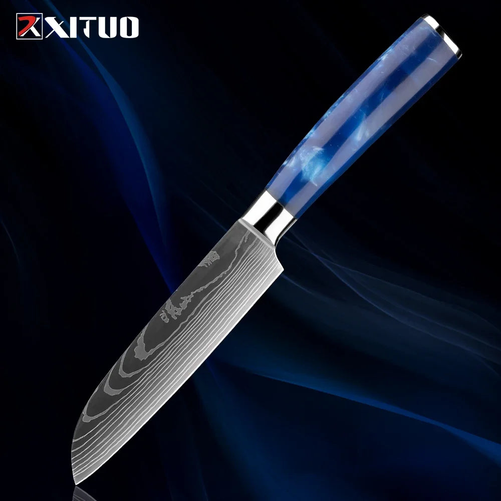 Stainless Steel Chef Knife Kitchen Knife Set 1-8Piece Razor-Sharp Paring Knife, Boning Knife, Santoku Knife, Blue Resin Handle