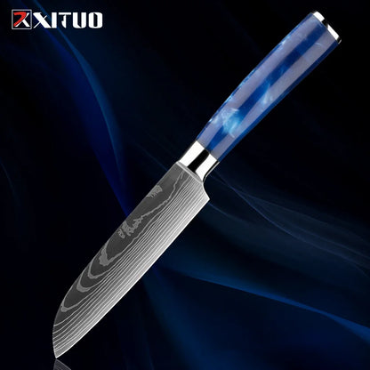 Stainless Steel Chef Knife Kitchen Knife Set 1-8Piece Razor-Sharp Paring Knife, Boning Knife, Santoku Knife, Blue Resin Handle